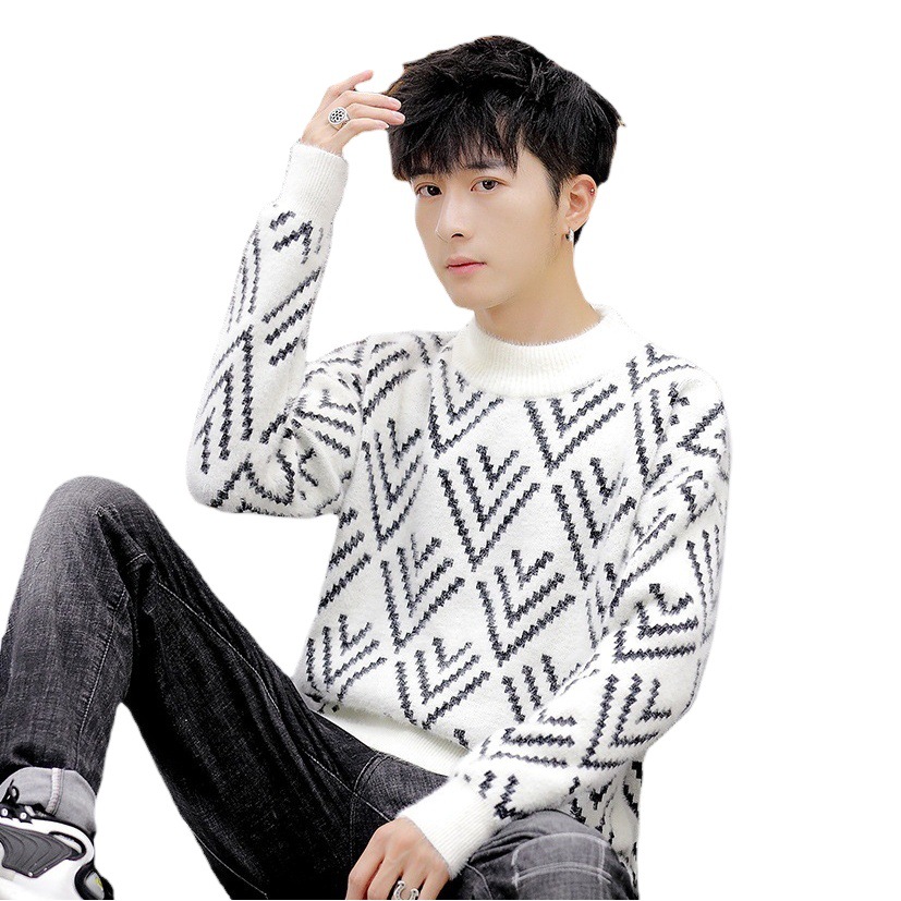 Comercio exterior transfronterizo 2021 otoño moda coreana personalidad de los hombres jóvenes imitación visón terciopelo medio alto cuello redondo suéter de punto hombres