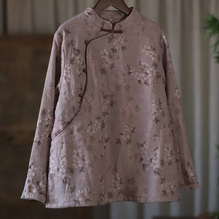 S5929 New Chinese Style Slant Placket Linen Digital Printing Contrast Zen Personalized Velvet Top