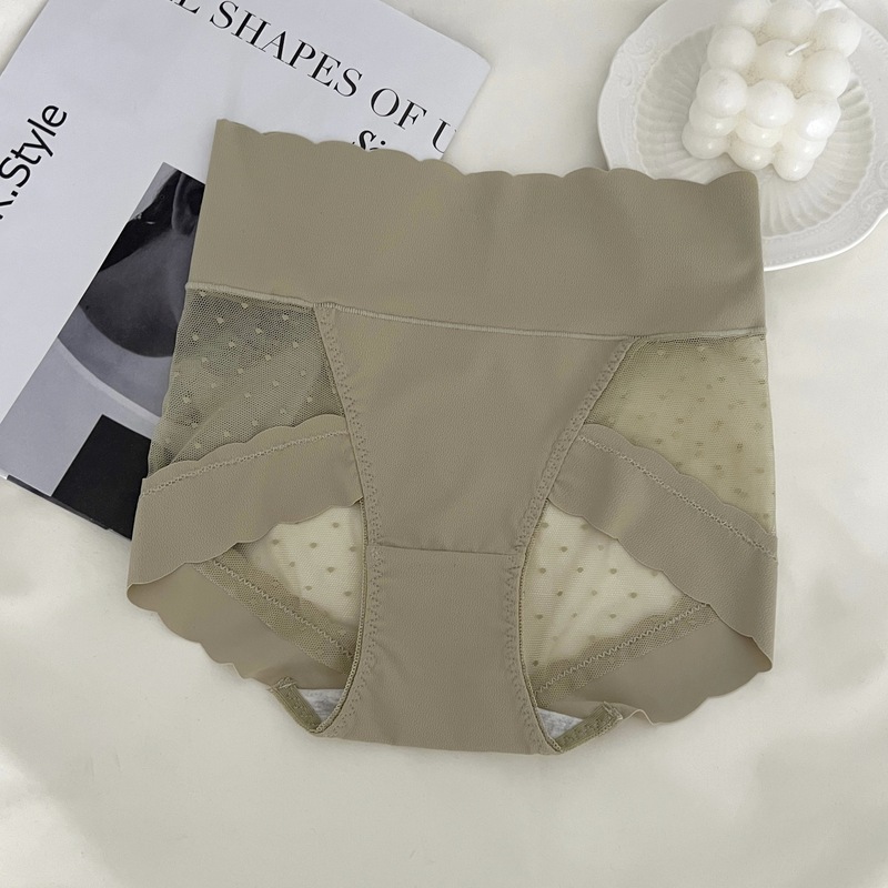 ハイウエストお腹コントロールアイスシルクシームレスワンピース下着女性用、水玉メッシュヒップカバーコットン大きいサイズブリーフ|undefined
