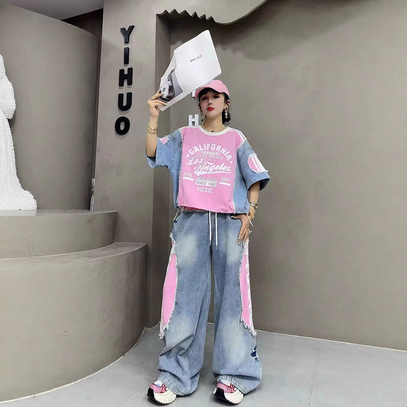 European-Style Casual Suit for Women 2026 Summer New Letter Print Denim Patchwork Top Drawstring Loose Pants Trendy