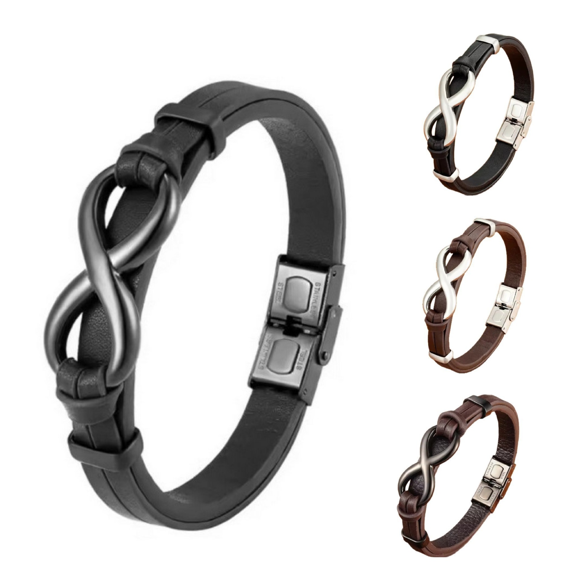 European and American Fashion Men's Unique Figure-Eight Leather Bracelet with Stainless Steel Clasp, Charming Wristband, Versatile Leather Bracelet