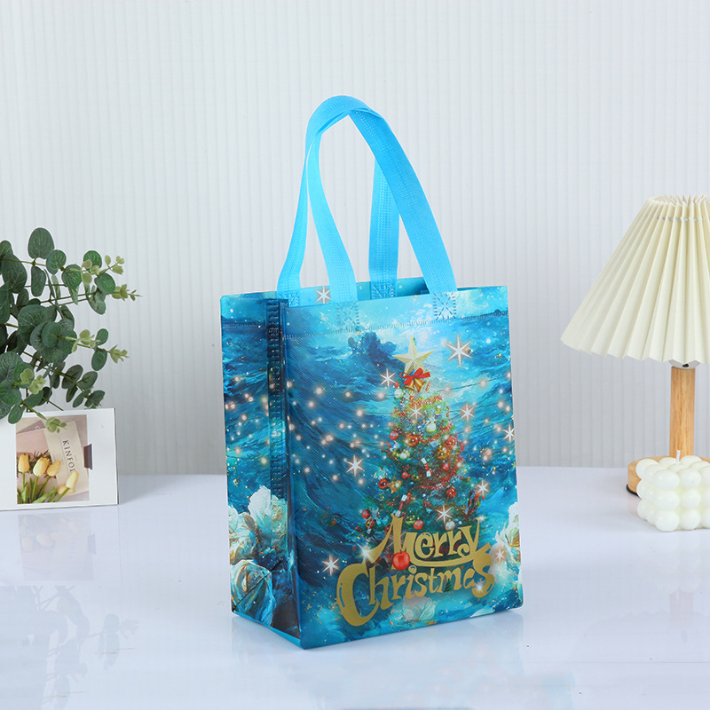 Bolso de Navidad de punto transfronterizo, bolsa de embalaje de regalo, bolsa no tejida laminada en caliente plegable portátil personalizada