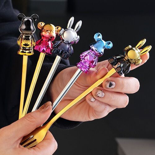 S Cross-border Colorful Plush Figure Utensil Set, Internet Celebrity Fluid Bear Plush Figure Creative Tableware Cute Fruit Fork and Whisk