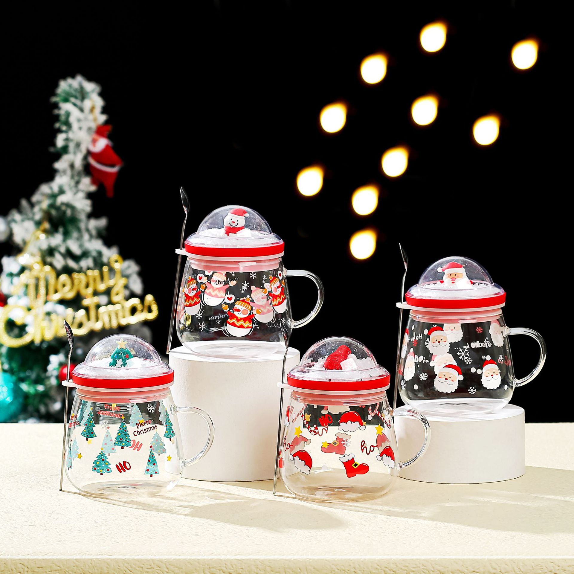 Dibujos animados creativos personalizados de Navidad de vidrio taza de agua con tapa cuchara muñeca Linda taza de regalo de alta