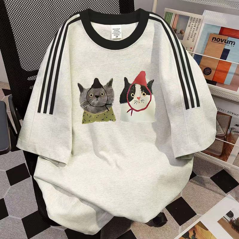 厚手の純綿白スリーストライプス半袖Tシャツレディース2025年夏新作オーバーサイズルーズインナートップ|undefined