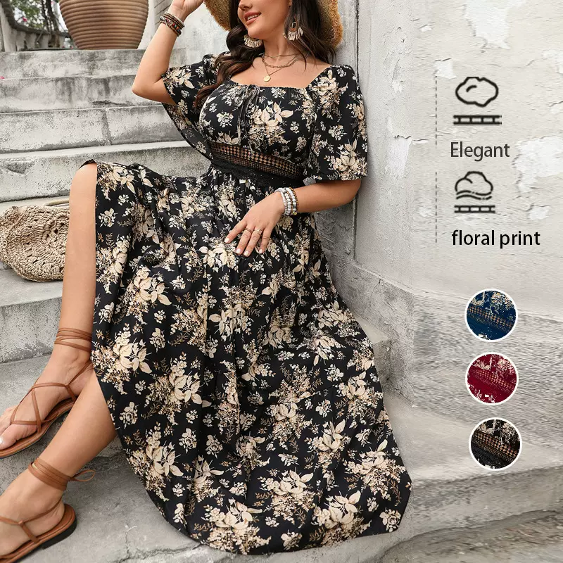 新款女长款复古方领印花大码短袖连衣裙宽松休闲长裙女装