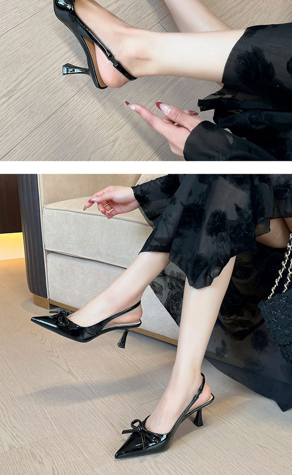 Giày cao gót nữ mũi nhọn gót mảnh quai ngang thắt nơ, sandal bít mũi gót 6–8 cm — Màu trắng be, Màu đen, Màu đỏ rượu chi tiết 13