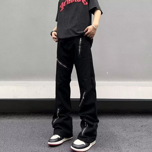 High-end street-style American vibe zipper indie denim jeans for men, trendy brand bell-bottoms with a high-waist and wide-leg design