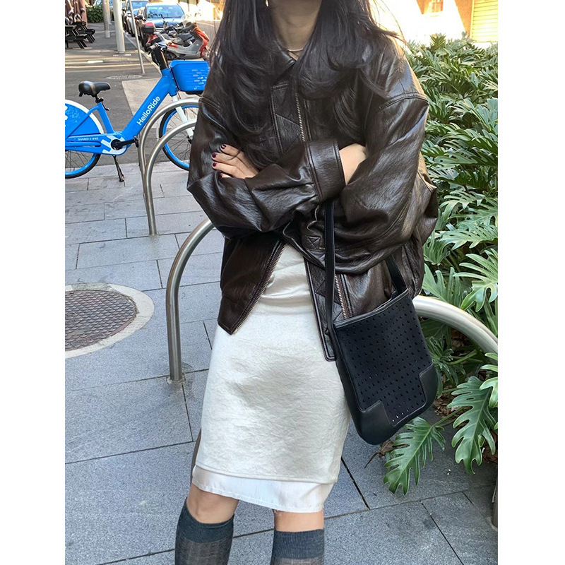 In-Stock Korean Under*On Dongdaemun Style 2026 Spring Vintage Lapel Casual Leather Jacket