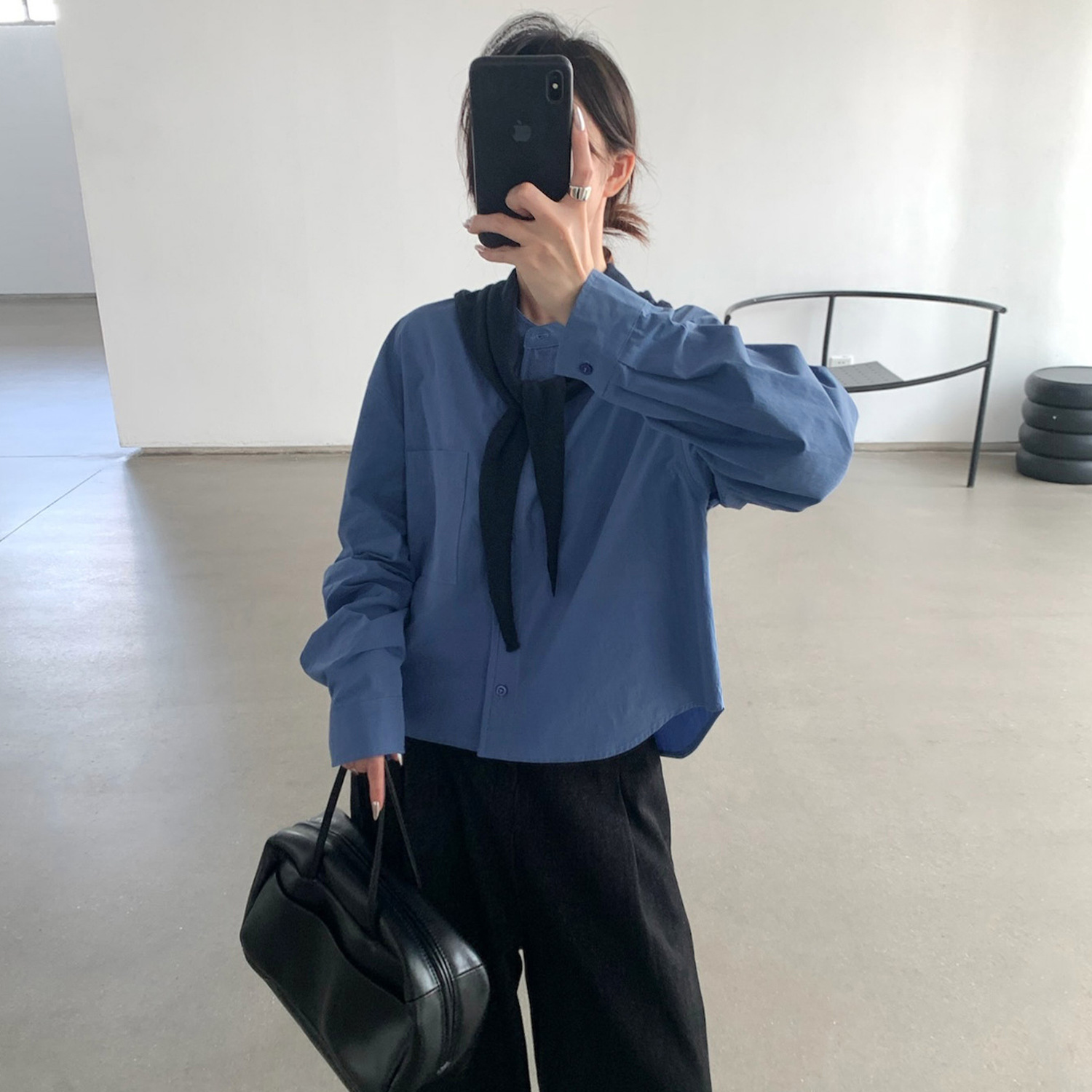 TG 韩系气质针织围巾叠搭圆领衬衫女2025秋季新款两件套上衣25805