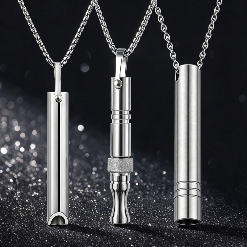 Cross-Border Hot-Selling Stainless Steel Whistle Necklace for Men, Stress-Relief Meditation Breathing Adjustment Pendant Jewelry, Titanium Steel Round Tube Design