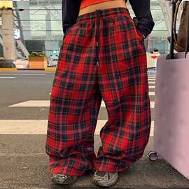 ins网红复古春秋款美式慵懒风撞色阔腿宽松遛弯红格子休闲裤潮流