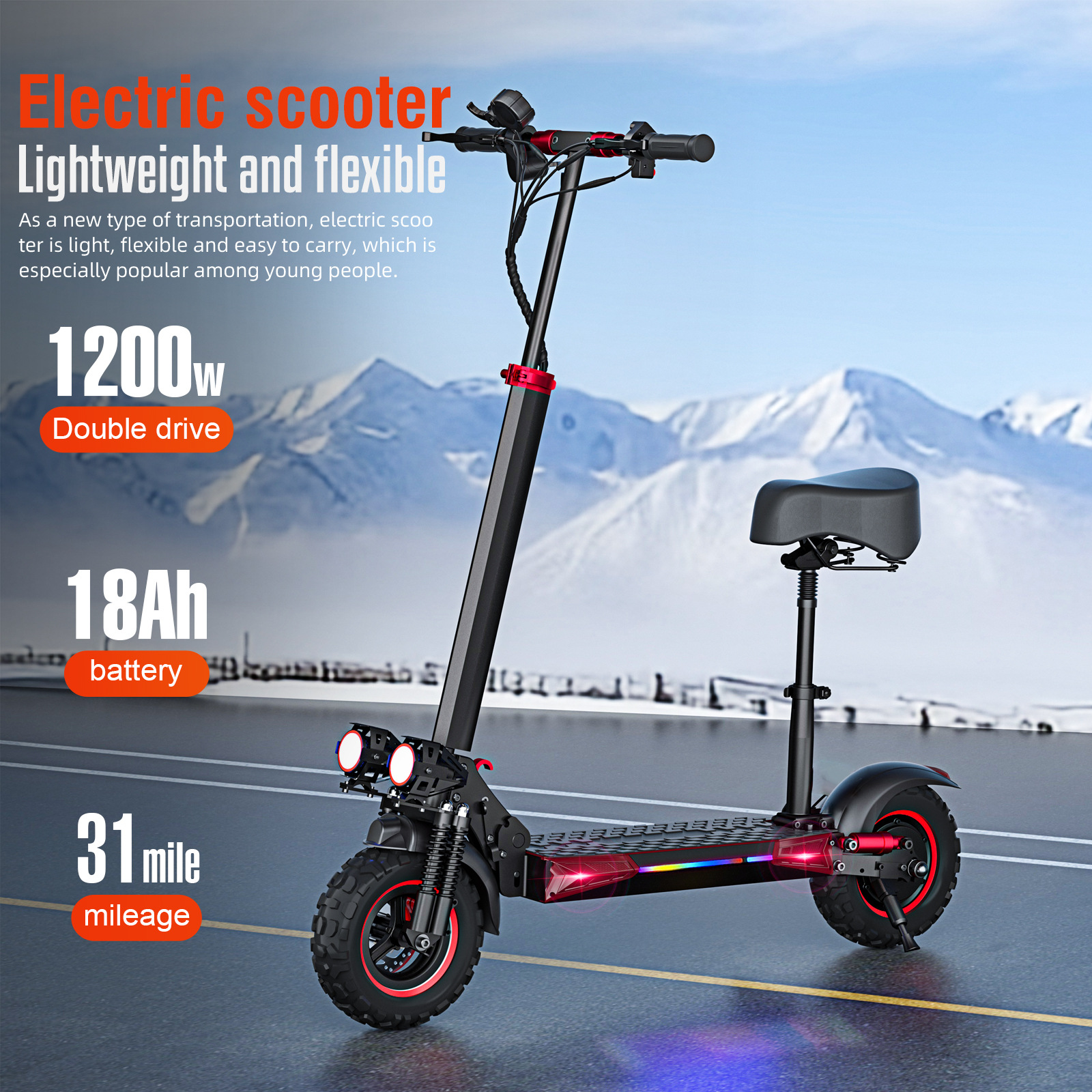 Overseas Warehouse Portable Mobility Scooter Scooter with Seat Foldableing Off-Road Electric Scooter for Adults