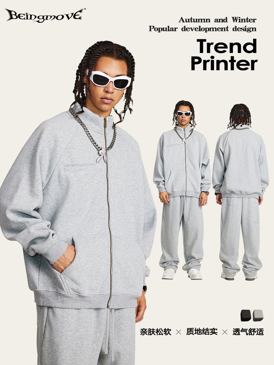 2025 otoño e invierno estilo americano de moda color sólido básico polar suelto con cremallera cárdigan sudadera con múltiples bolsillos chaqueta para hombres de moda.