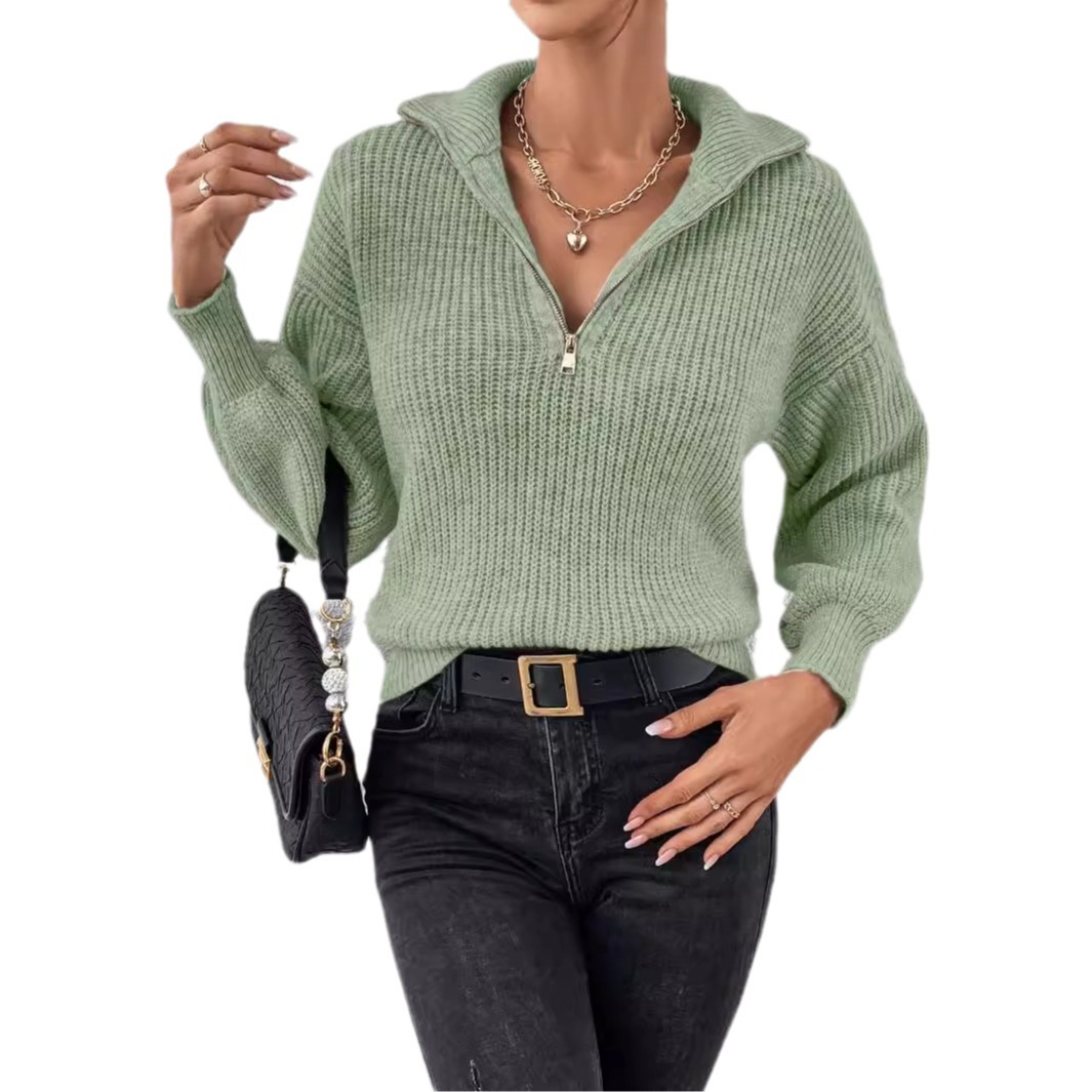 Europa y los Estados Unidos transfronterizos con cremallera suéter de comercio exterior moda de color sólido suéter de manga larga con cremallera de cuello de polo casual suéter mujer