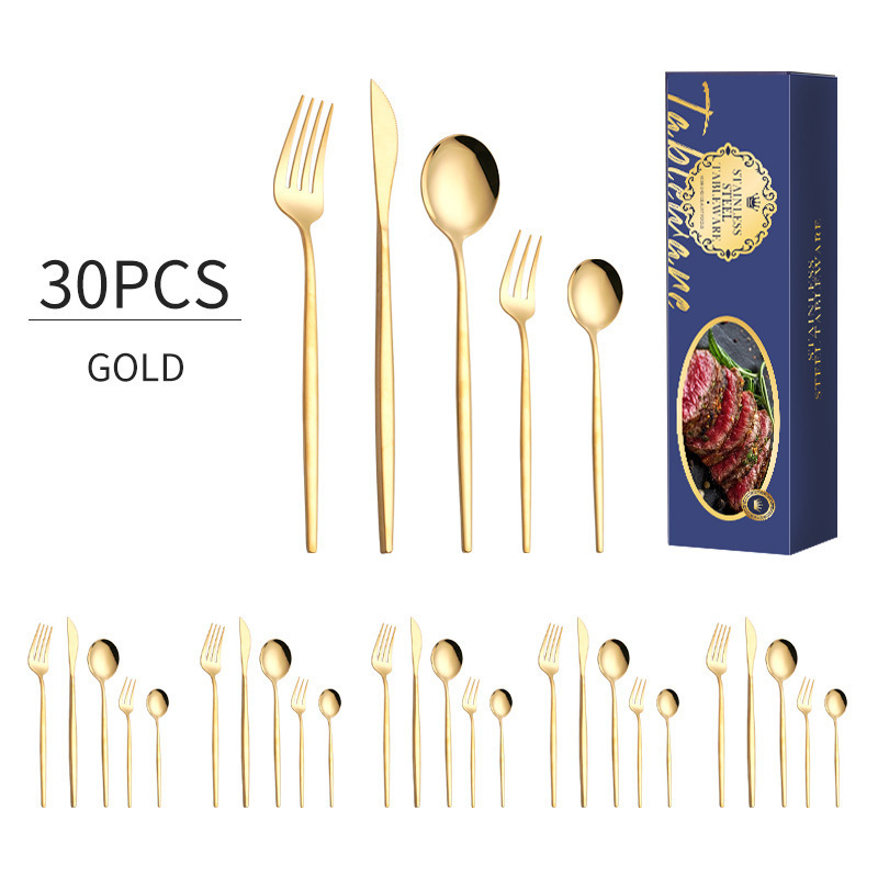 Amazon cubiertos de acero inoxidable transfronterizos set 30 piezas brillante cuchillo y tenedor portugués cuchillo y tenedor de filete de restaurante occidental cuchara