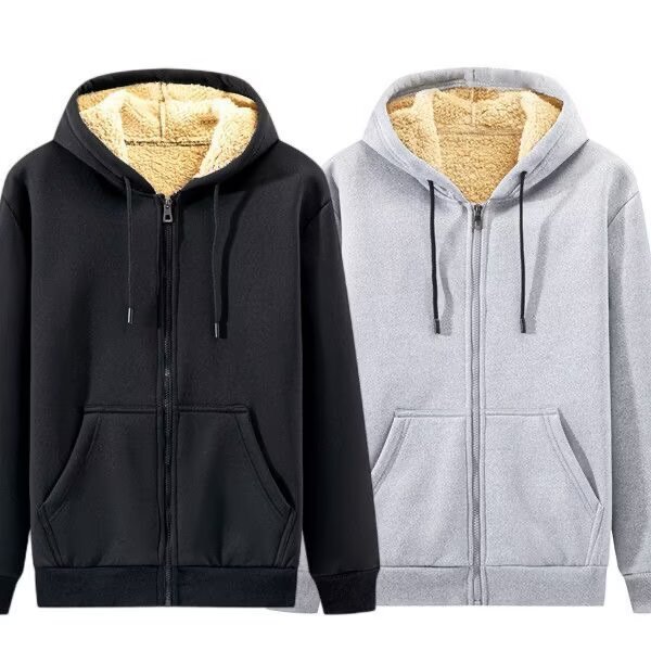 Fleece-Lined Thick Lamb Wool Cardigan Sweatshirt for Men, Autumn and Winter, Loose Fit, Large Size, Anti-Scalding, Wear-Resistant, Dirt-Resistant, Hooded Jacket for Work