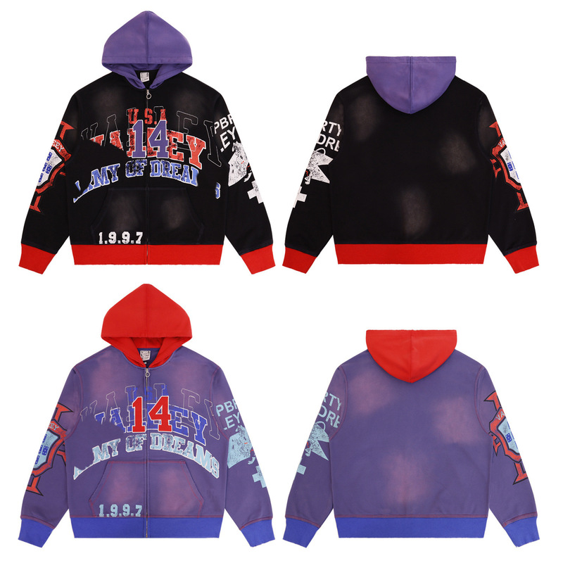 American Trendy Brand Valesweats Loose Sports Washed Frayed Jacket Contrasting Zipper Cardigan Hooded Sweatshirt American Trendy Brand Valesweats Loose Sports Washed Frayed Jacket Contrasting Zipper Cardigan Hooded Sweatshirt