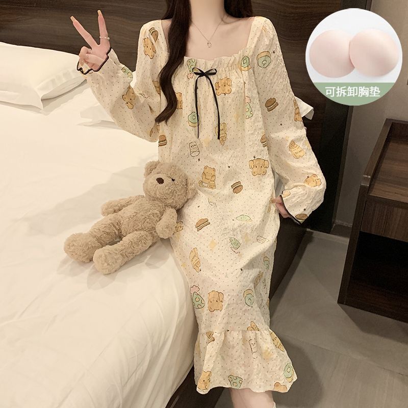 Venta al por mayor transfronteriza nube de algodón con almohadilla para el pecho Camisón largo de manga larga desmontable Otoño nuevo pijama niña dulce servicio a domicilio