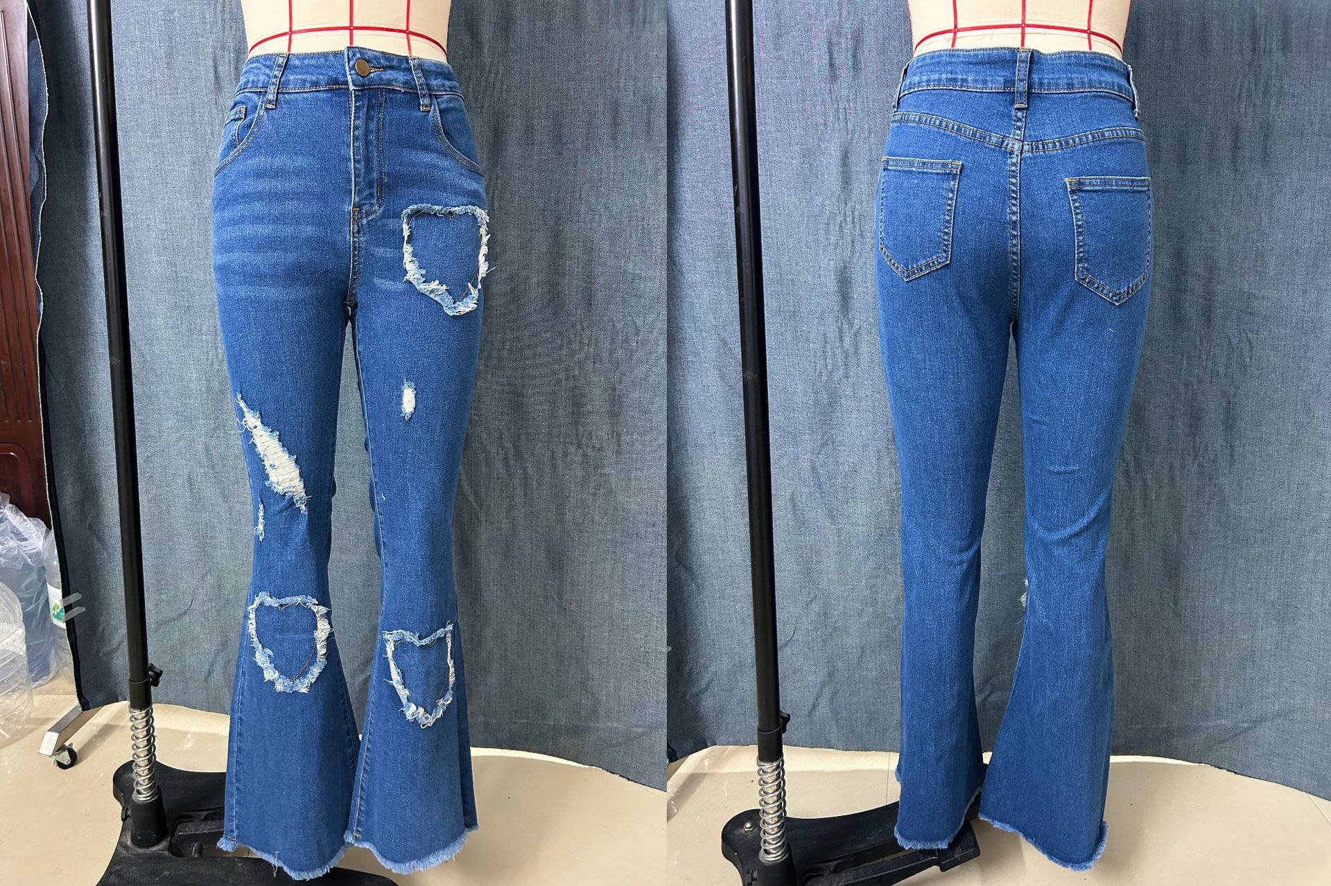 Women's Stretchy Flared Jeans With Heart Embroidery & Distressed Details - High Waist Bell Bottom Pants In Light Blue_mkmklike.com