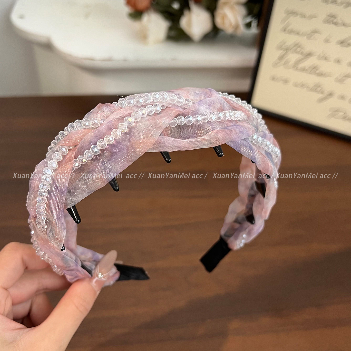 Pink and purple mesh crystal twist headband
