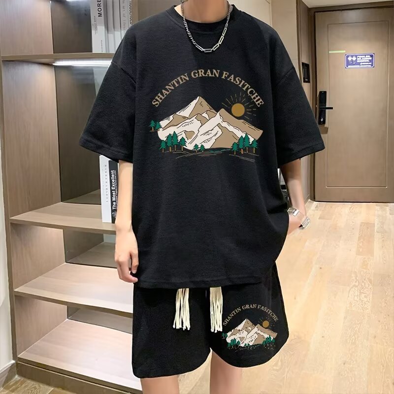 夏のワッフルスポーツスーツメンズオーバーサイズハンサムTシャツショーツツーピースセットトレンディなメンズファッションウェア|undefined