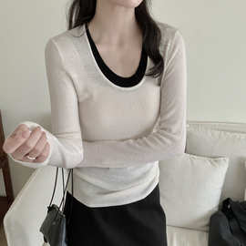 秋冬羊毛衫全羊毛U领撞色高级感韩系风女式针织衫长袖T恤打底毛衣