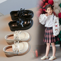 女童皮鞋2024春秋新款軟底公主鞋蝴蝶結一腳蹬單鞋百搭黑色樂福鞋