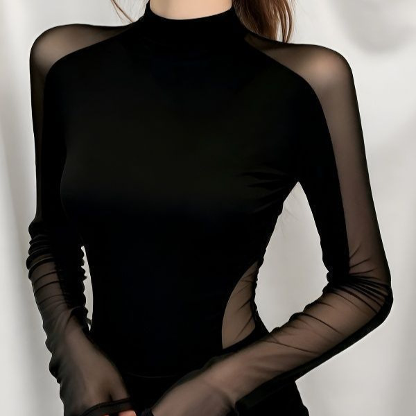 Long-Sleeved T-Shirt for Women, High-Necked, Stylish Mesh Patchwork, Sexy Top for Foreign Trade, Cross-Border, Southeast Asia, European and American Style Long-Sleeved T-Shirt for Women, High-Necked, Stylish Mesh Patchwork, Sexy Top for Foreign Trade, Cross-Border, Southeast Asia, European and American Style