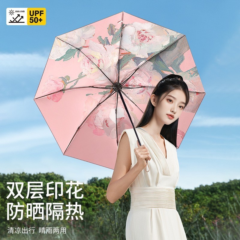 Three-fold black rubber double-layer sun umbrella sunscreen UV protection women's sunshade umbrella rain dual-purpose folding umbrella wholesale