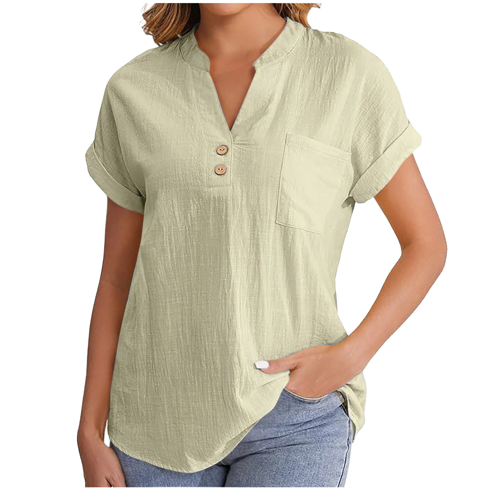 2025 European American Summer Solid Color Buttoned Short-sleeve Women's Shirt, Cotton-linen, Washed, Wrinkled,_ecoleips.com