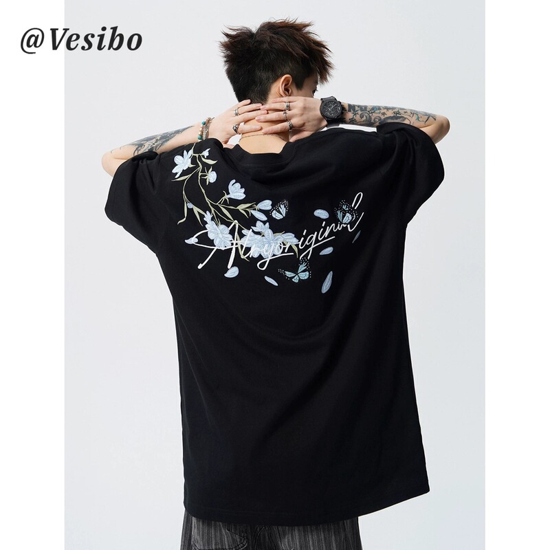 Trendy Floral Embroidered Short-Sleeve T-Shirt for Men, Summer Design, Versatile Casual Half-Sleeve American-Style Loose Sports Top