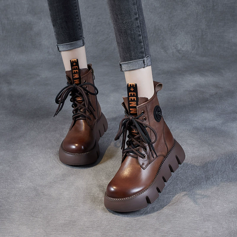 Женские короткие сапоги на толстой подошве, Новинка осени и зимы 2023, из натуральной кожи, повседневные ботинки на платформе с круглым носком и шнуровкой на боковой молнии, женские ботинки Martin