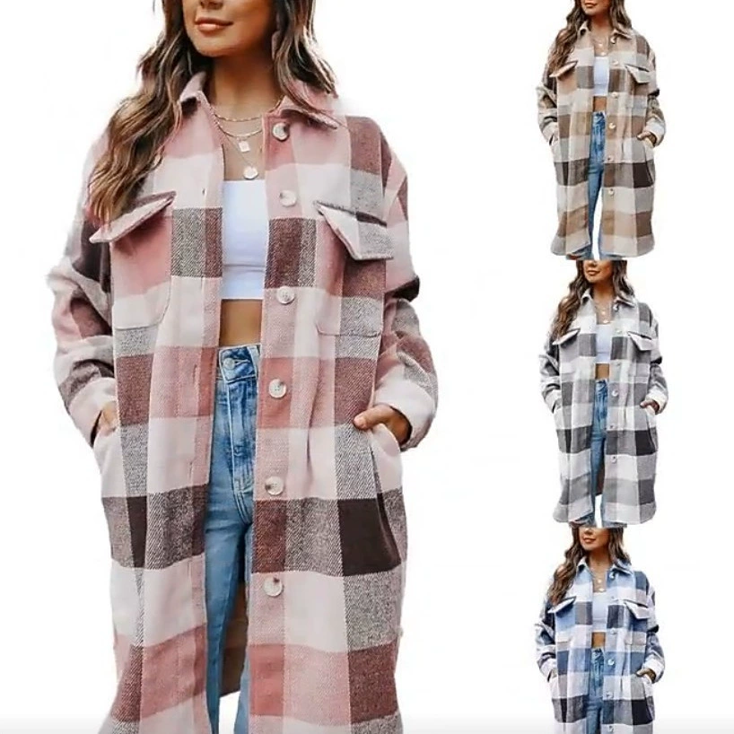 Amazon 2021, осень и зима, Лидер продаж, свободное Женское шерстяное пальто в клетку в Европе и Америке, пальто средней длины