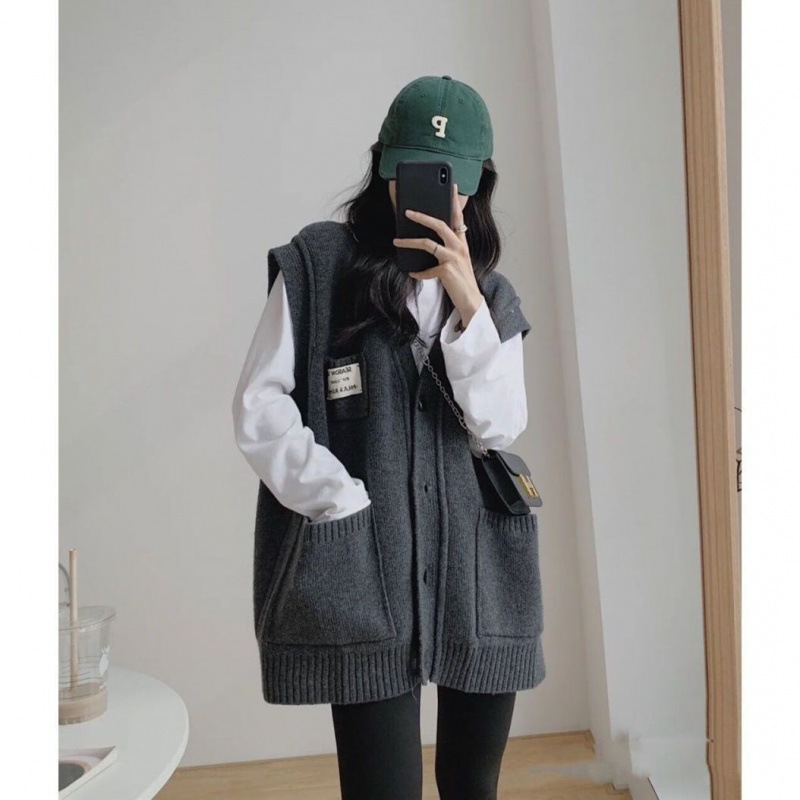 24 invierno Puyuan relajado viento japonés y coreano casual chaleco de cachemira cardigan cuello en V tipo suelto