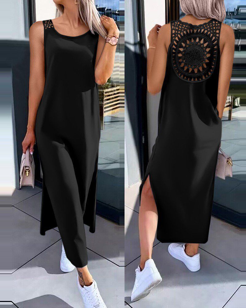 European And American Style Foreign Trade Women's Clothing Lace Hollow-out Suspender Sleeveless Slit Tank Dress,_ecoleips.com