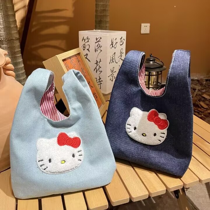 Kitty Cat Handbag New Denim Cartoon Cute Commuter Travel Bag K-Style Ins Fashion Lunch Bag