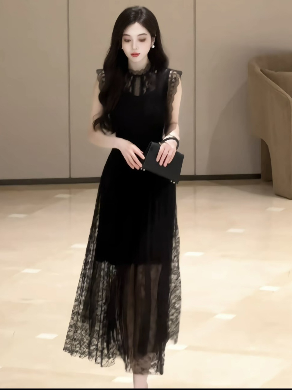 Đầm suông nữ midi thiết kế thanh lịch tay ngắn cổ tròn — đen