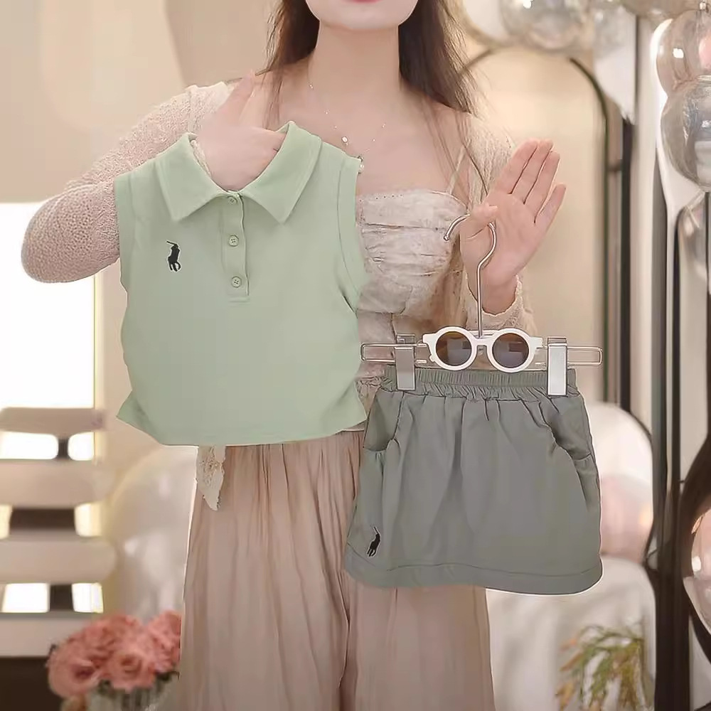 Girls Summer Set 2024 New Korean Style Simple Children's Polo Shirt Short Sleeve Casual Skirts Shorts Shorts Two-piece Set