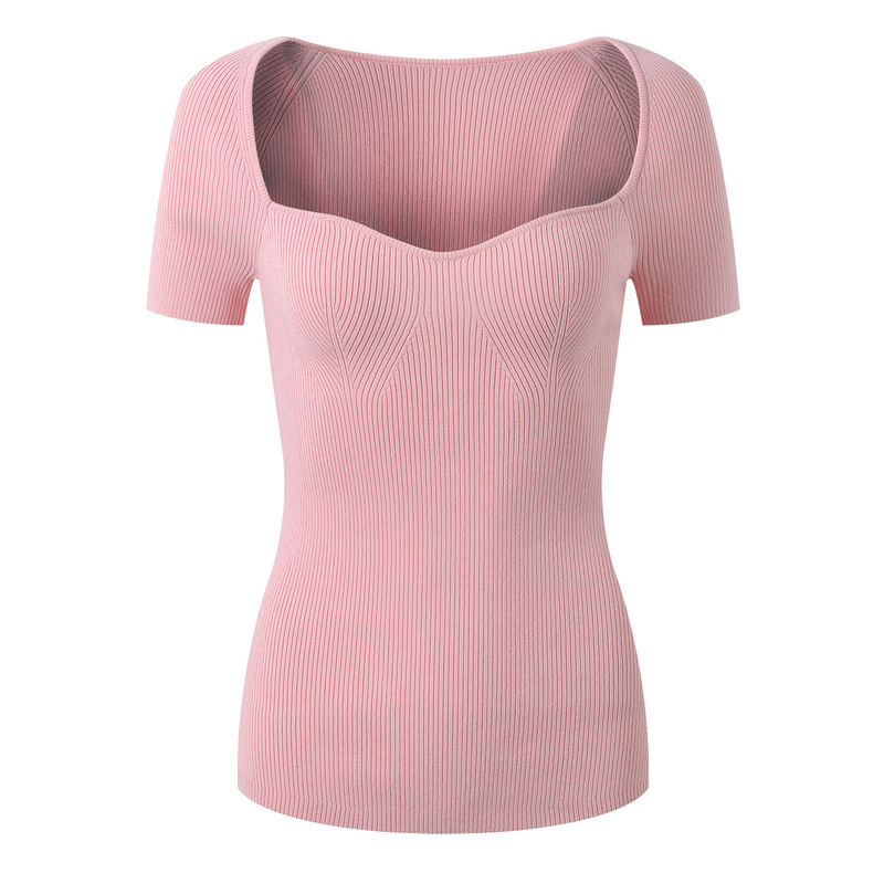 2025 Early Spring New Square Neck Slim-fit Slimming Knitted Short-sleeved Elegant All-match Pink Gentle Style Top T-shirt 2025 Early Spring New Square Neck Slim-fit Slimming Knitted Short-sleeved Elegant All-match Pink Gentle Style Top T-shirt