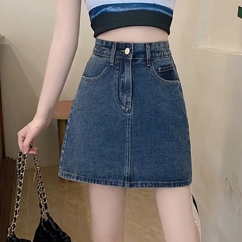 Retro Cowboy Semi-Body Skirt for Women - Summer, Petite A-Line High-Waist Slimming Large Size Bustier Short Skirt