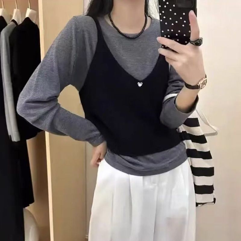 圆领纯色打底小衫马甲叠穿两件套上衣秋季新款新品衫背心套装|undefined