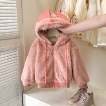 女童冬季长袖加绒毛毛外套2025新款洋气可爱时髦兔子耳朵拉链外衣