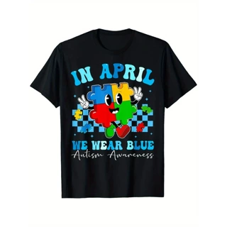 跨境欧码Autism Awareness Month T Shirt Celebrating Autism Th