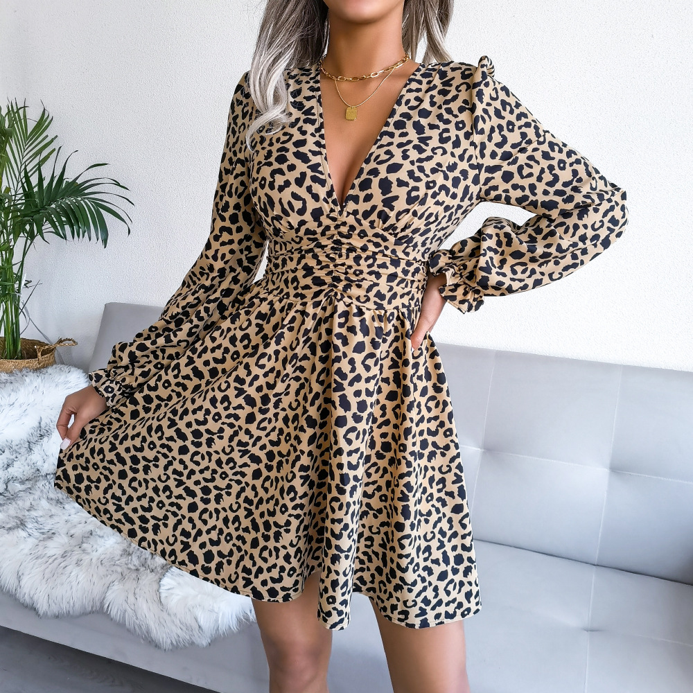 Long Sleeve V Neck Waist-Slim Leopard Print Dress NSBJ112124