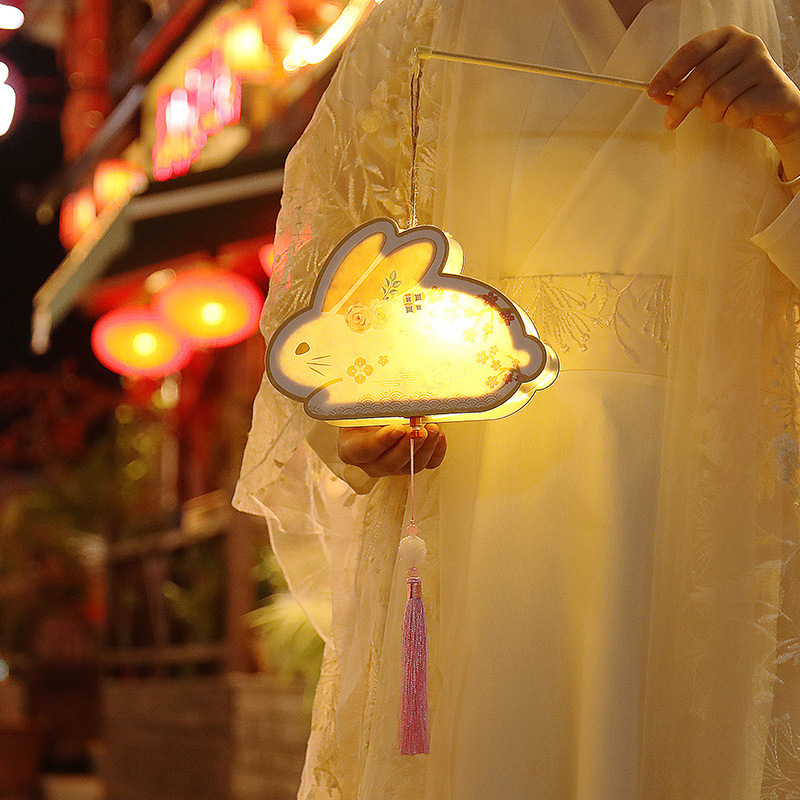 Mid-Autumn Festival Lantern Wooden Rabbit Lamp Children's DIY Craft Kit Handheld Glowing Lantern Photo Prop