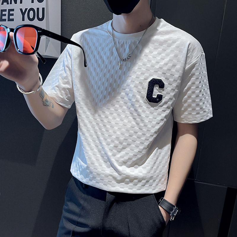 Maglietta estiva da uomo con base, vestibilità corta slim, mezza manica in maglia a quadretti, lettera Instagram del marchio di tendenza, maglietta girocollo_voghion.com