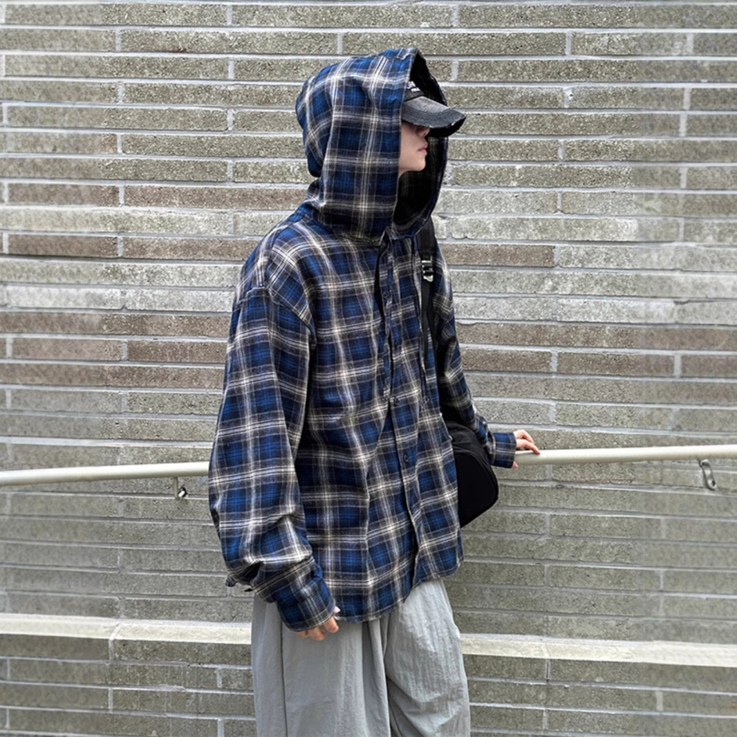 古着vintage藏蓝色格子连帽衬衫高级感炸街撞色衬衣美式复古外套