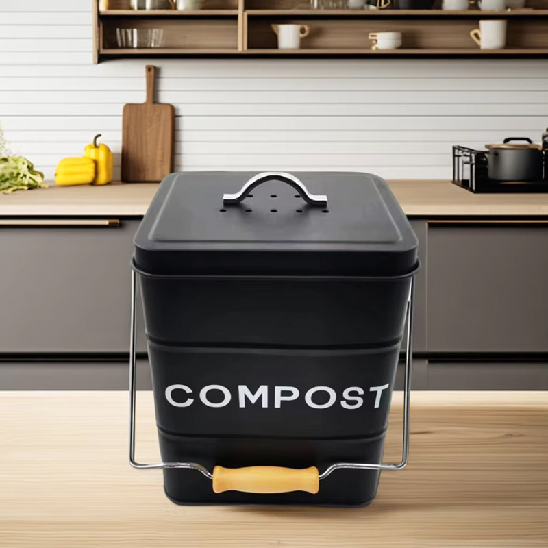 Cross-Border Vegetable Metal Recycling Tank Household Square Fermentation Trash Can with Lid Kitchen Wooden Handle Metal Compost Bucket Cross-Border Vegetable Metal Recycling Tank Household Square Fermentation Trash Can with Lid Kitchen Wooden Handle Metal Compost Bucket
