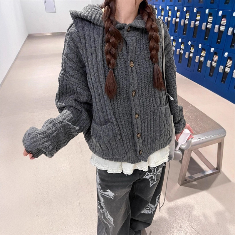 秋冬连帽针织衫外套女2025欧货新款设计感加厚单排扣针织衫上衣女|undefined